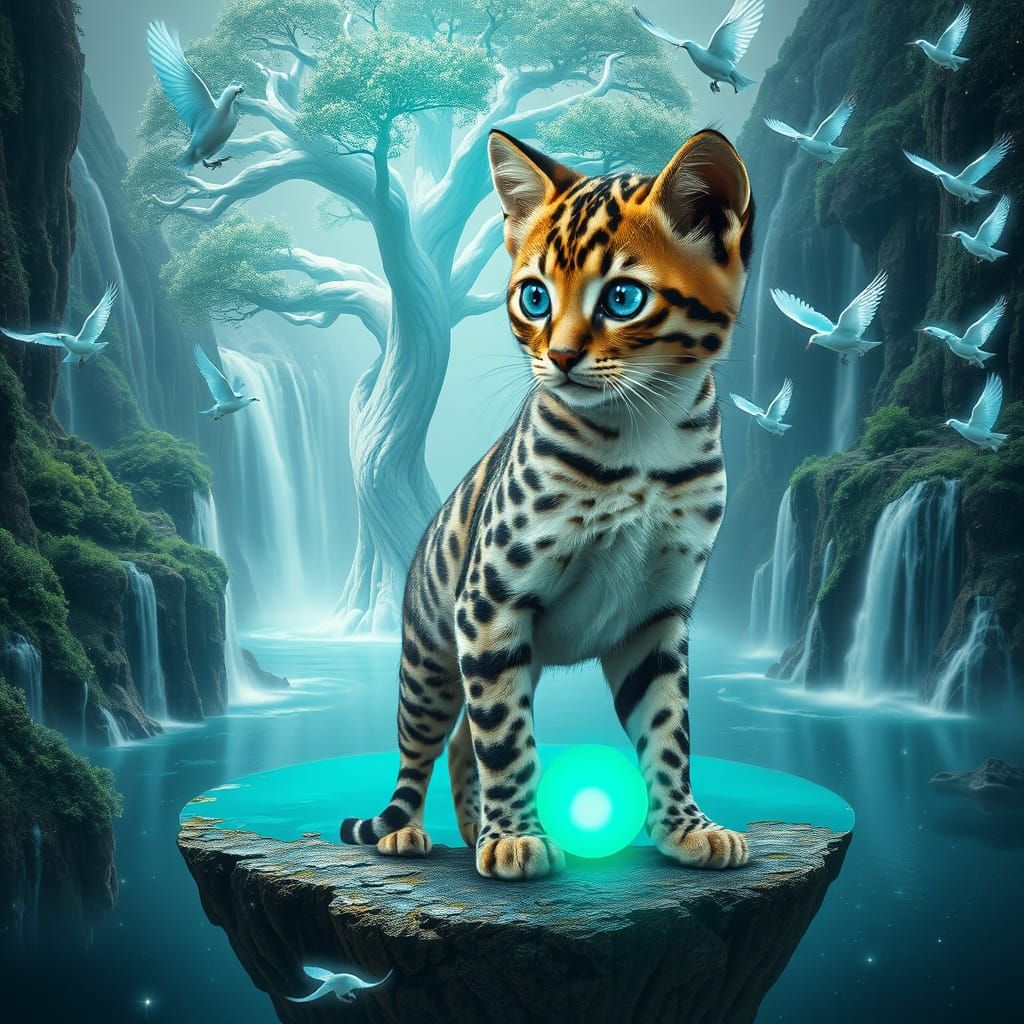 Leopard Cat on Waterfall Island with Tree of Life