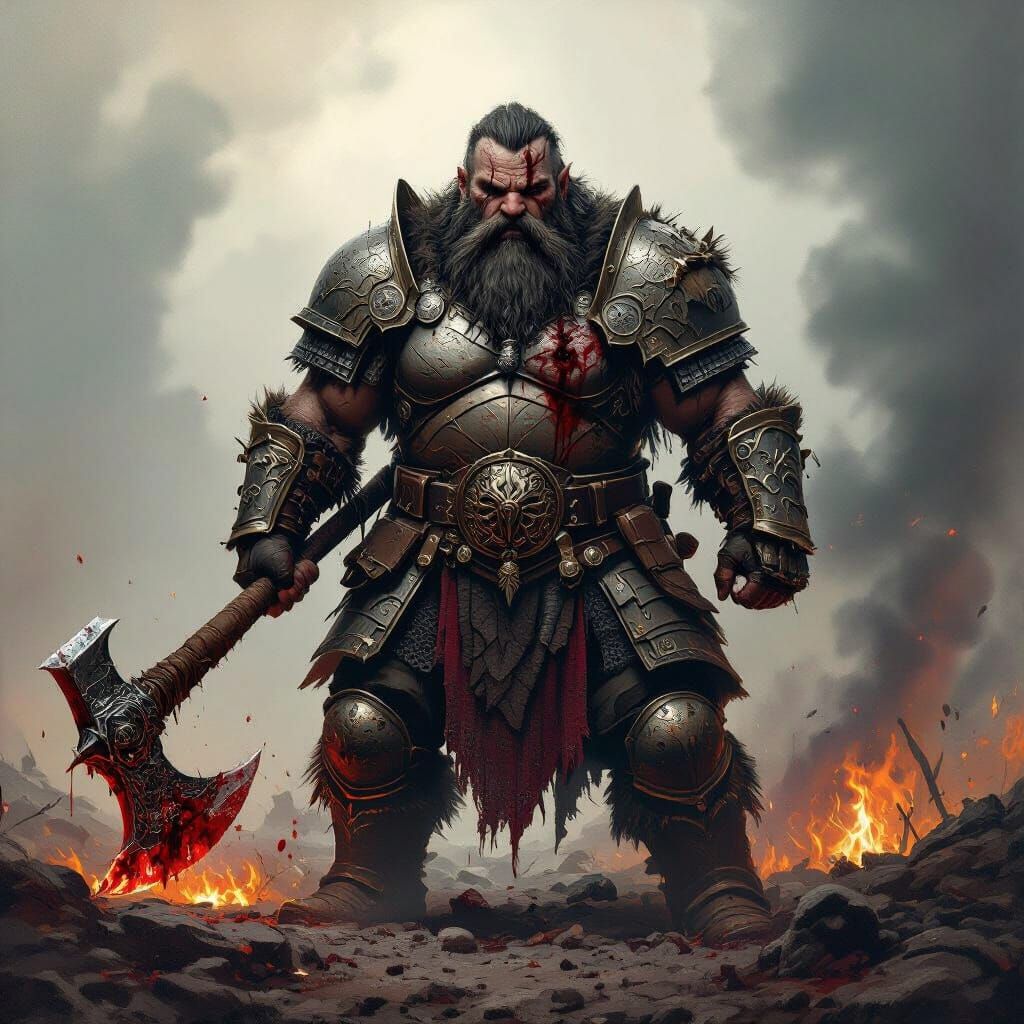 Dwarven Warrior on Battlefield in Dark Fantasy Style