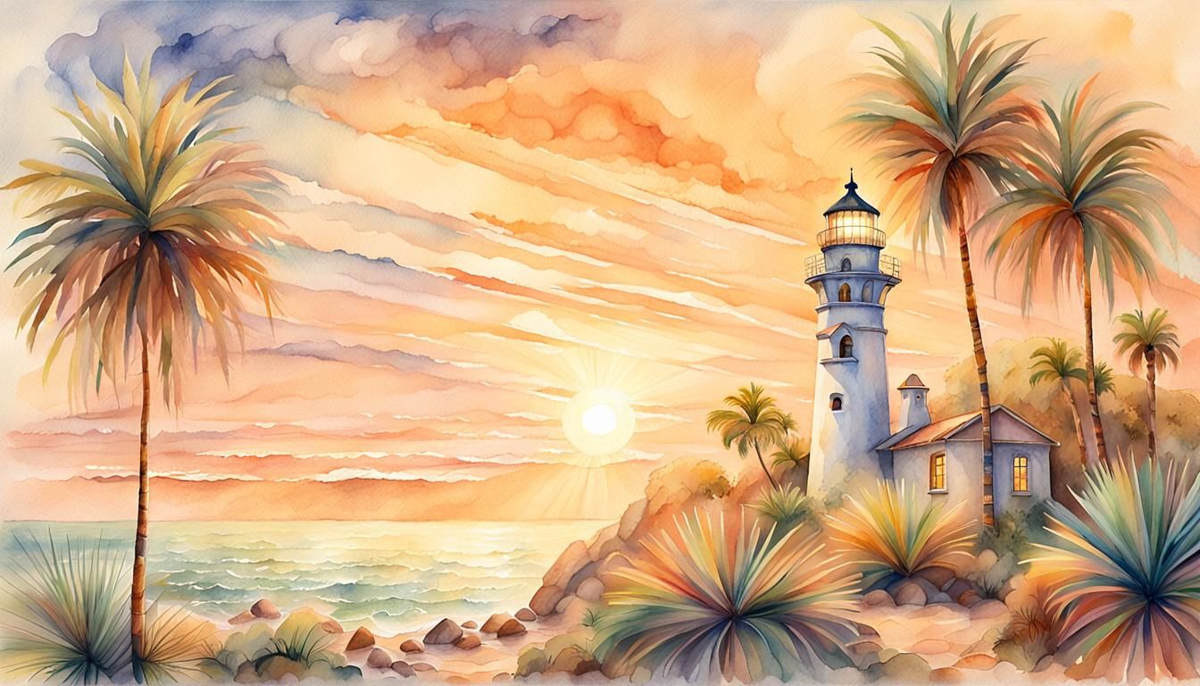 California Mission Lighthouse in Watercolor Style