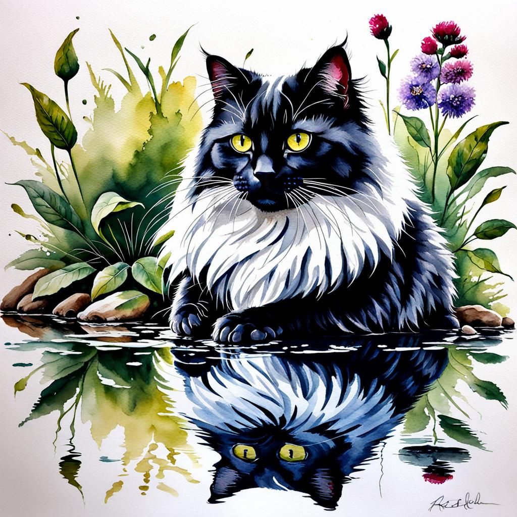 Angora Cat and Kitten in Wet Watercolor Style