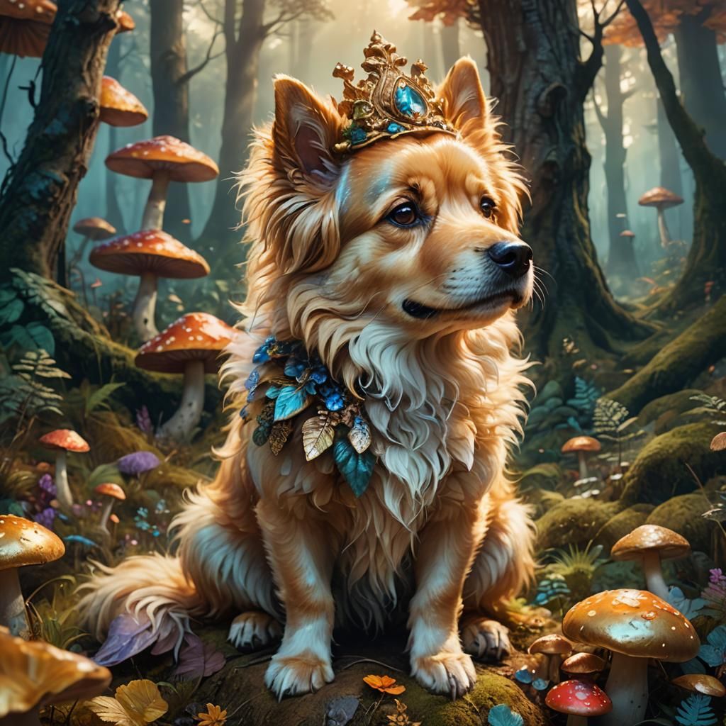 Surreal Fantasy Portrait of a Fluffy Dog in a Whimsical Fore...