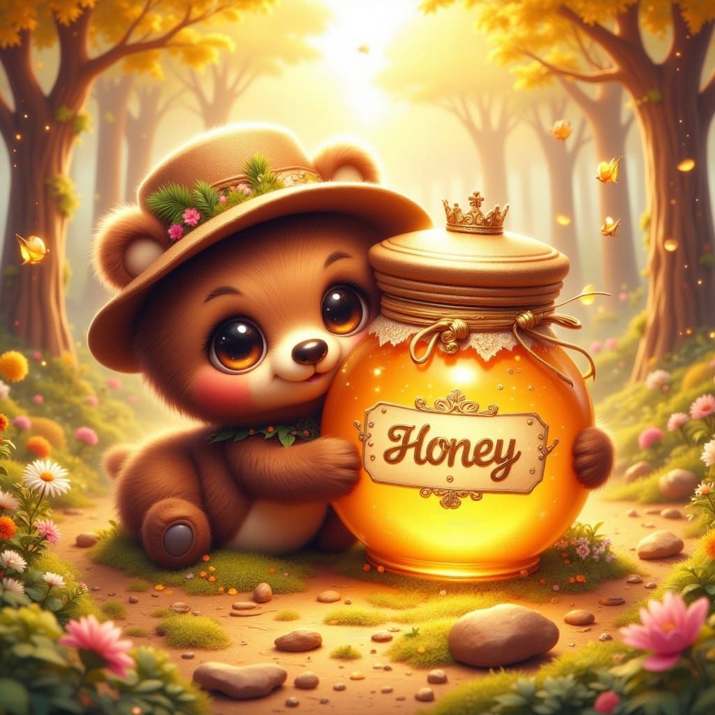 Charming Whimsical Bear in Honey Jar Scene
