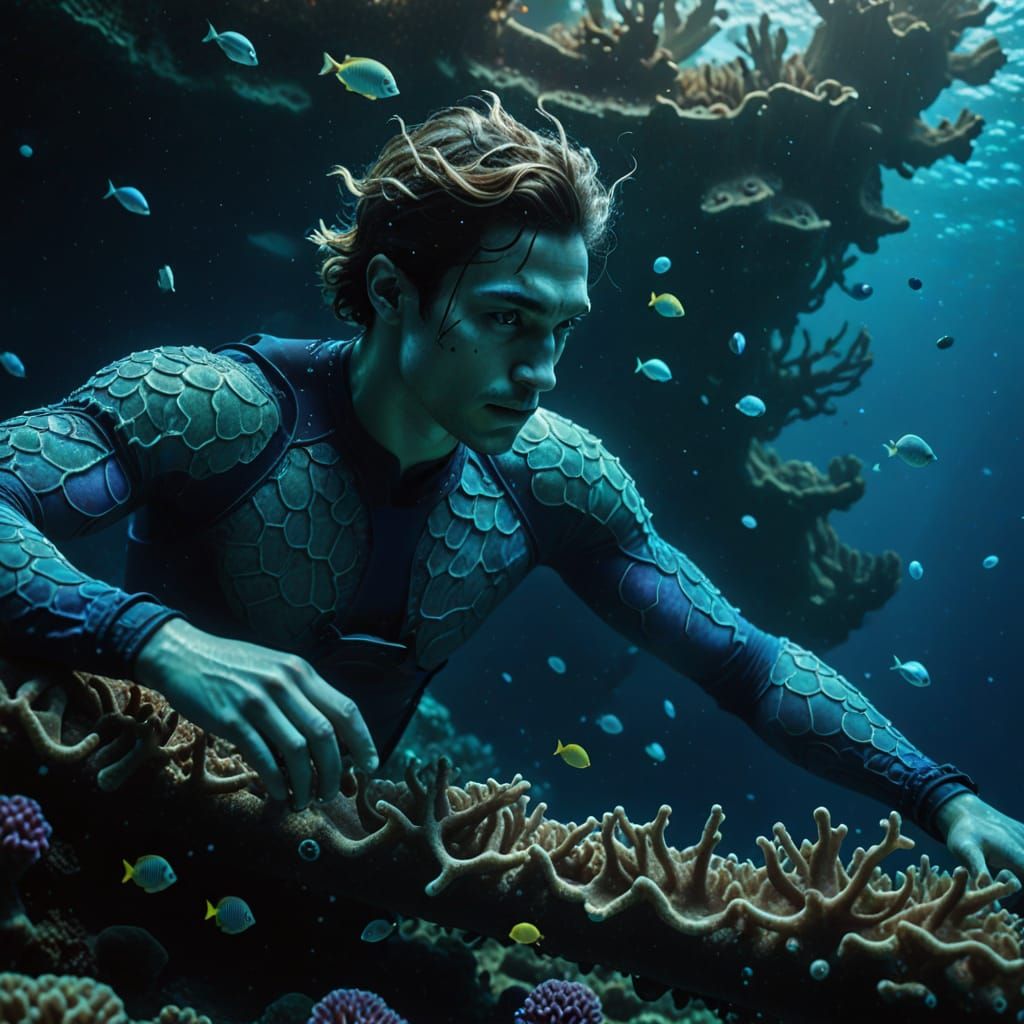 Surreal Blue Merman Glides Through Ancient Shipwreck in Ethe...