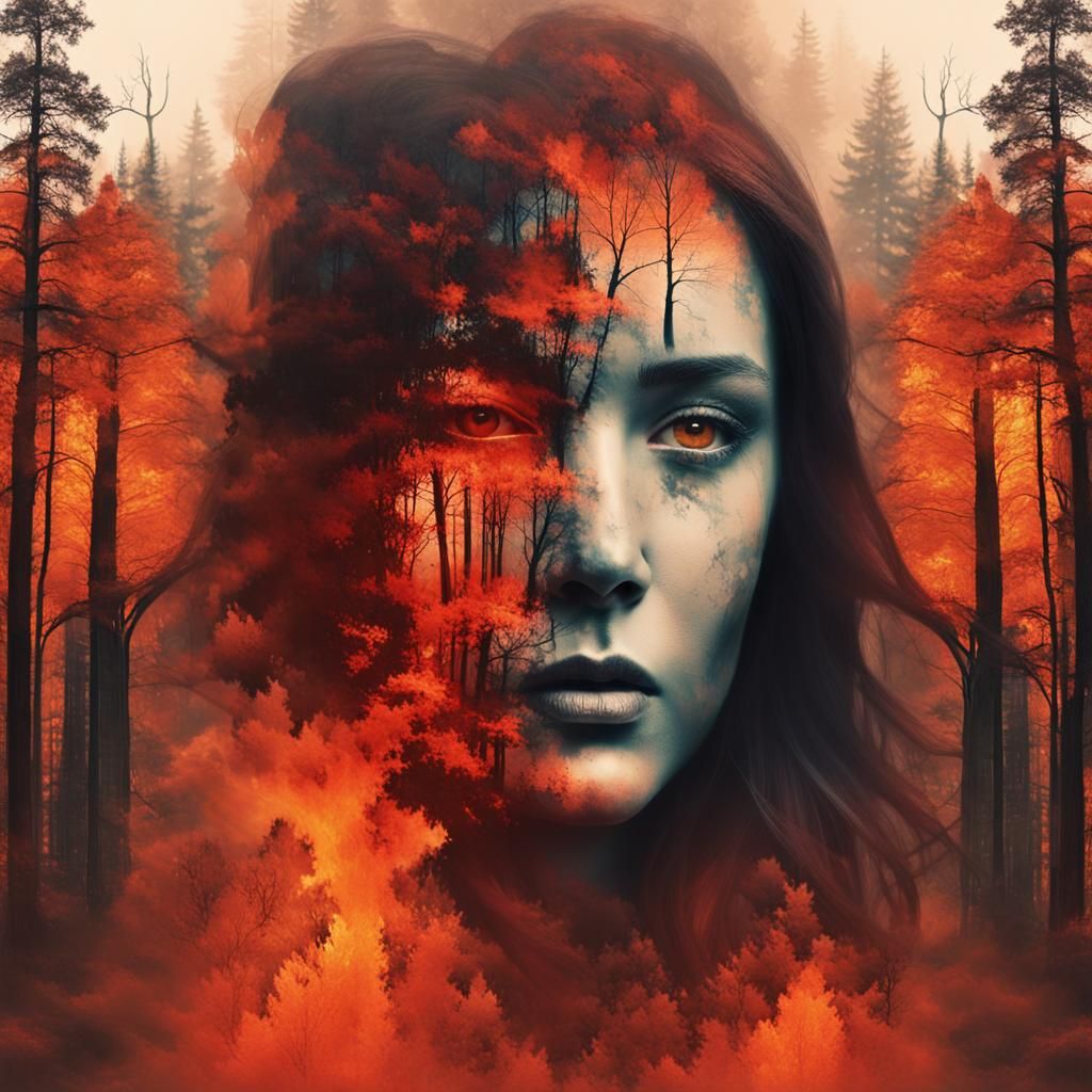 A haunting double exposure image showcasing a dense forest engulfed in flames superimposed within the serene features of...