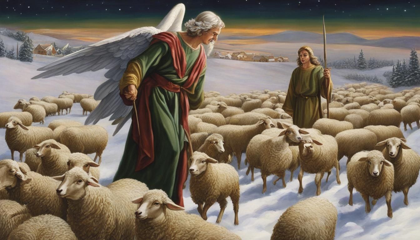 Shepherds and Angel Annunciation Under Starry Sky