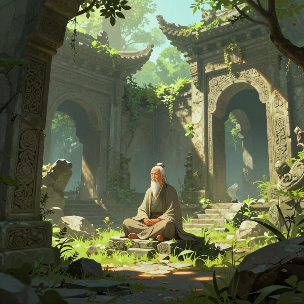 Wise Elder Meditating in Ancient Ruined City