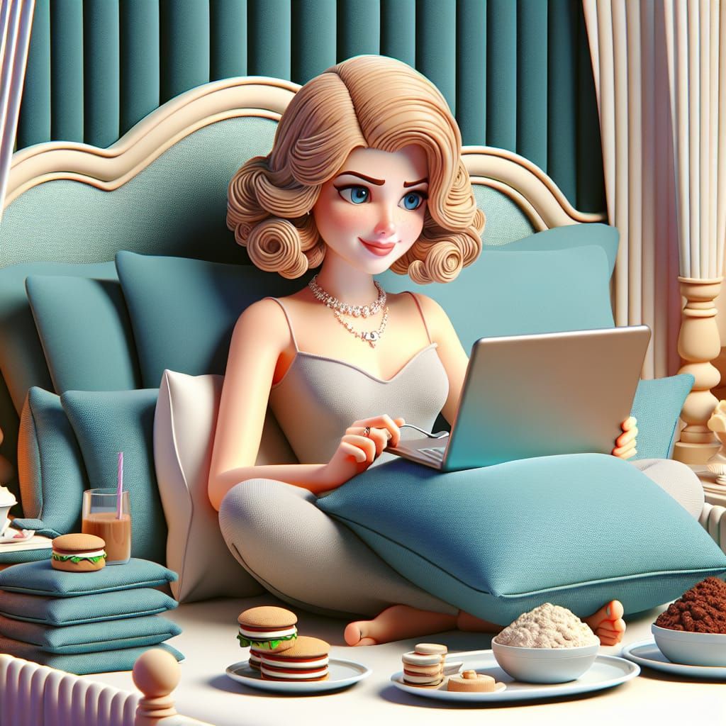 Disney Pixar style 3D elegant woman, sitting in bed, propped...