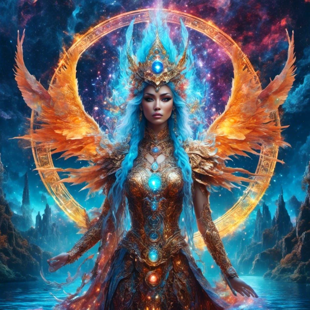 Priestess and Dragon by Lake, Holographic Illustration