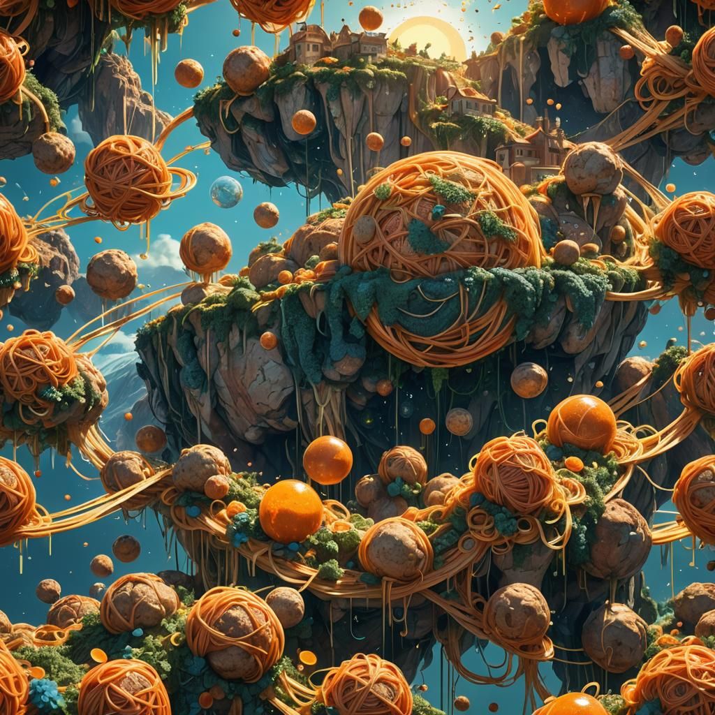 Spaghetti Planet with Meatball Sun, Hyperdetailed Concept Ar...