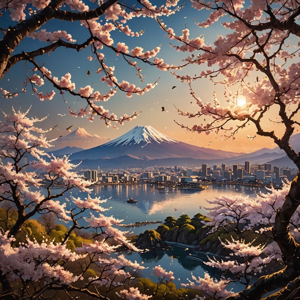 Cherry Blossoms and Mount Fuji in Glass