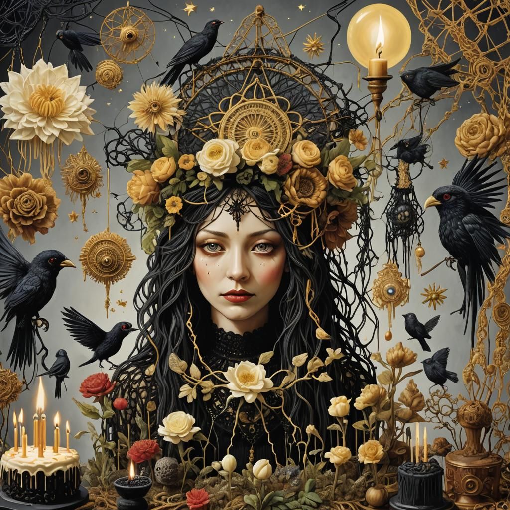 Surreal Steampunk Collage Portrait with Birthday Cake