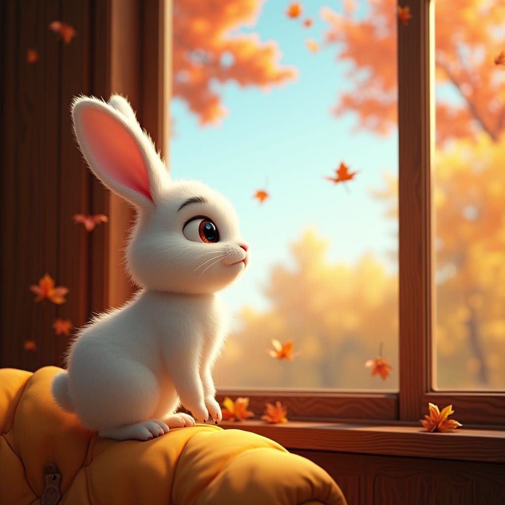 White Bunny Admires Autumn Landscape from Plush Couch