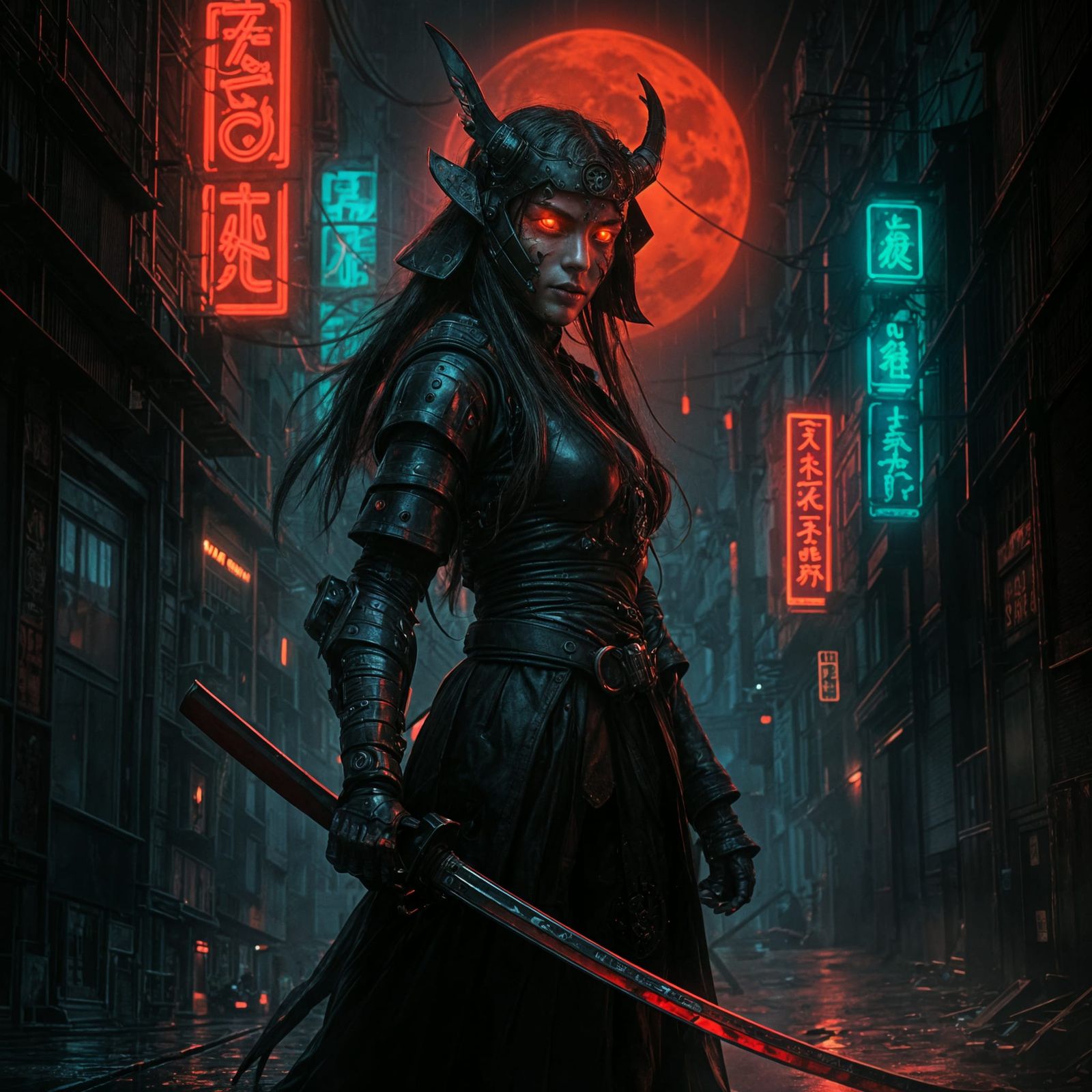 Cybernetic Samurai in Neon Alleyway