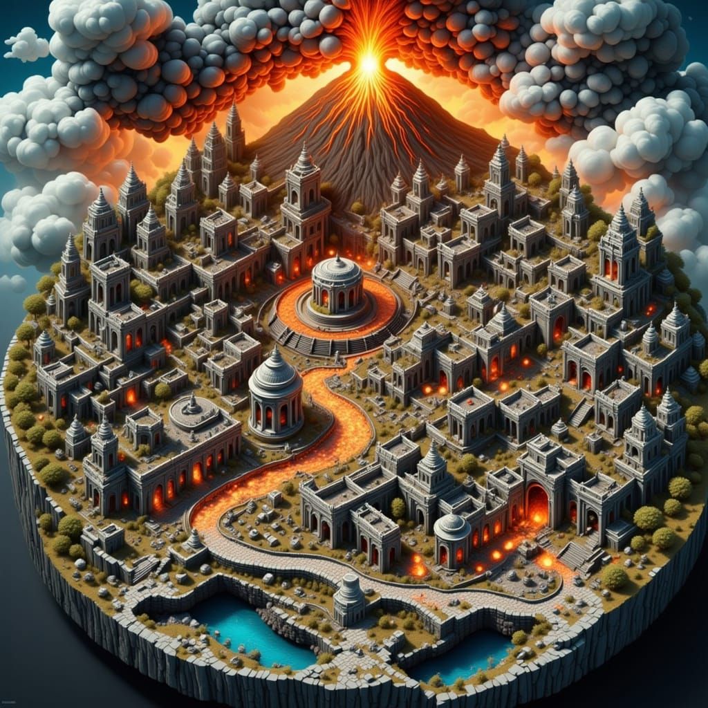 Vesuvius Eruption Over Pompeii in Isometric Diorama Style