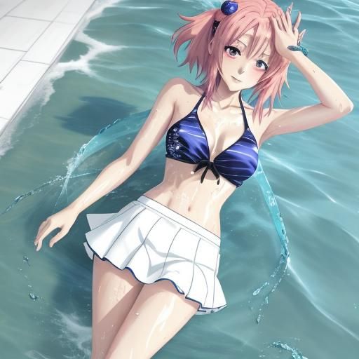 Anime Girl in Wet Bikini and Transparent Skirt