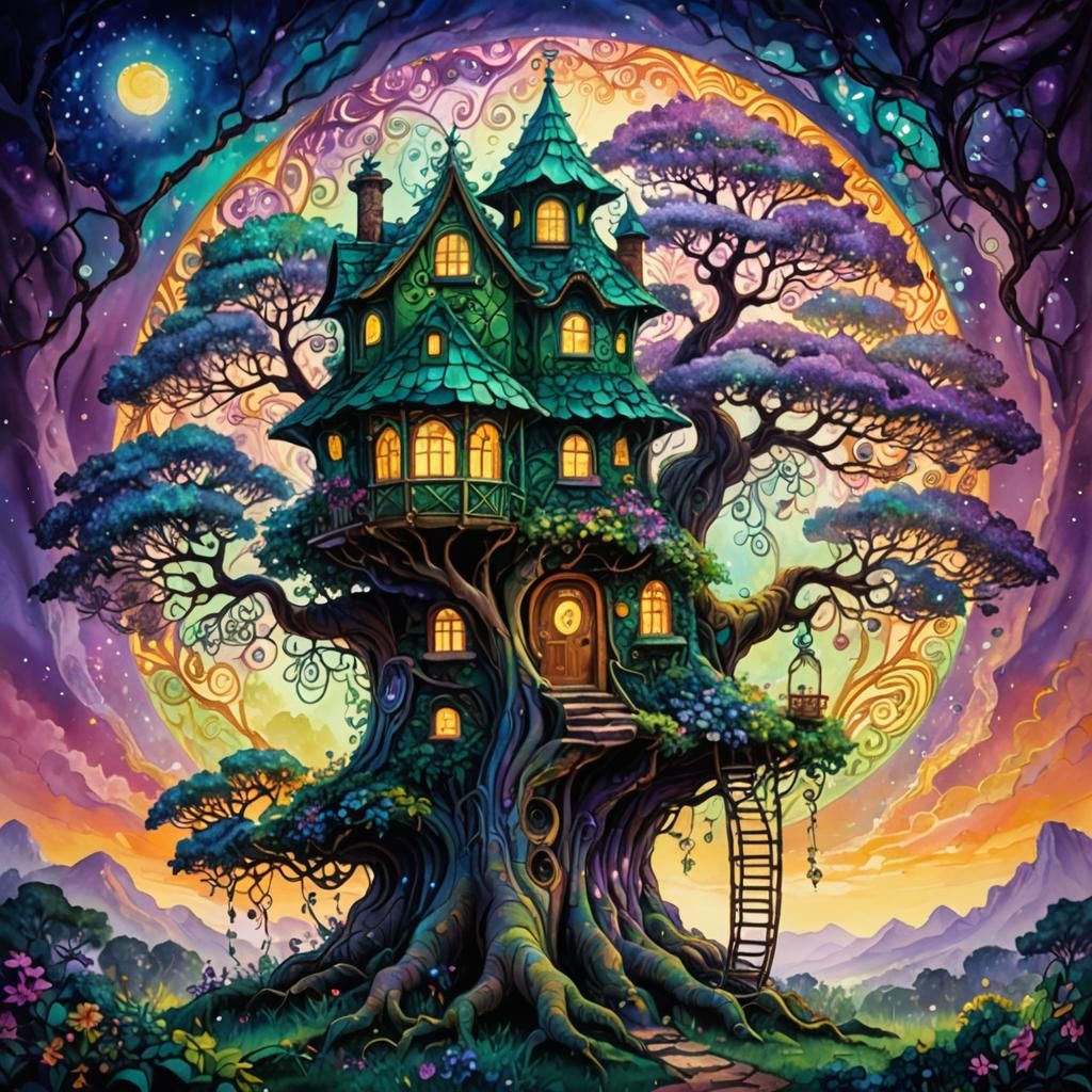 Whimsical Treehouse in Fauvist Fantasy Style