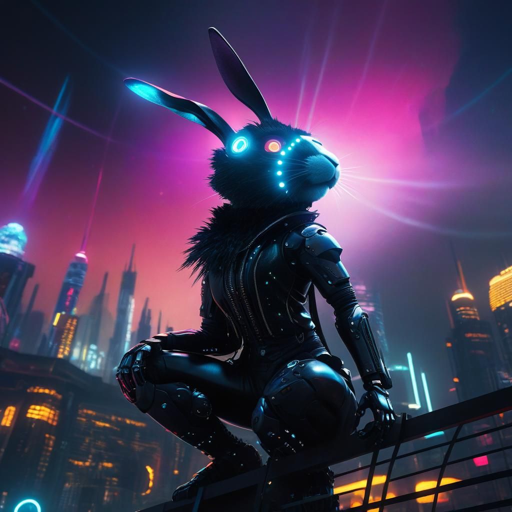 Futuristic Black Rabbit on City Skyline