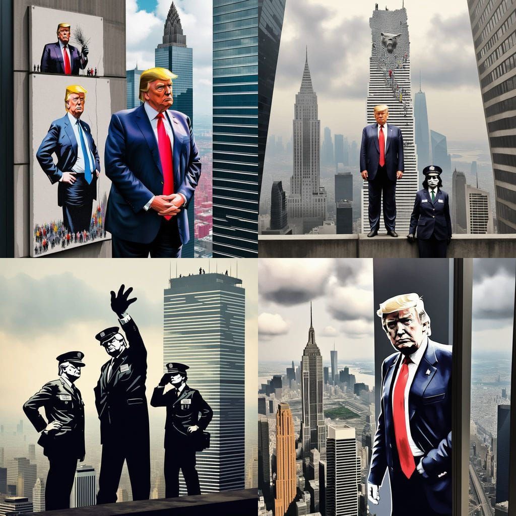 Banksy-Style Mural of Trump on Skyscraper Walls in Dystopian...