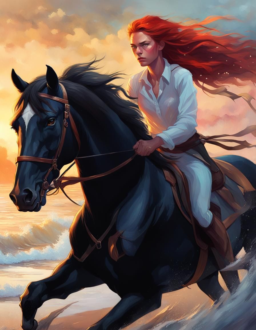 Redhead Galloping on Horse at Sunset in Art Nouveau Style