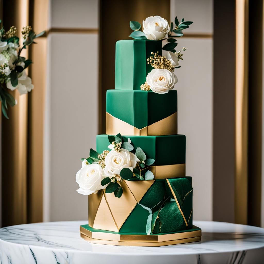 Geometric Green and Gold Wedding Cake with Flowers