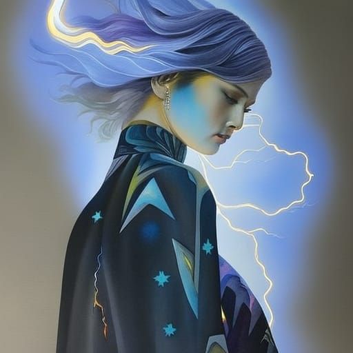 Electric Haired Woman: Watercolor and Pastel Dreamscape