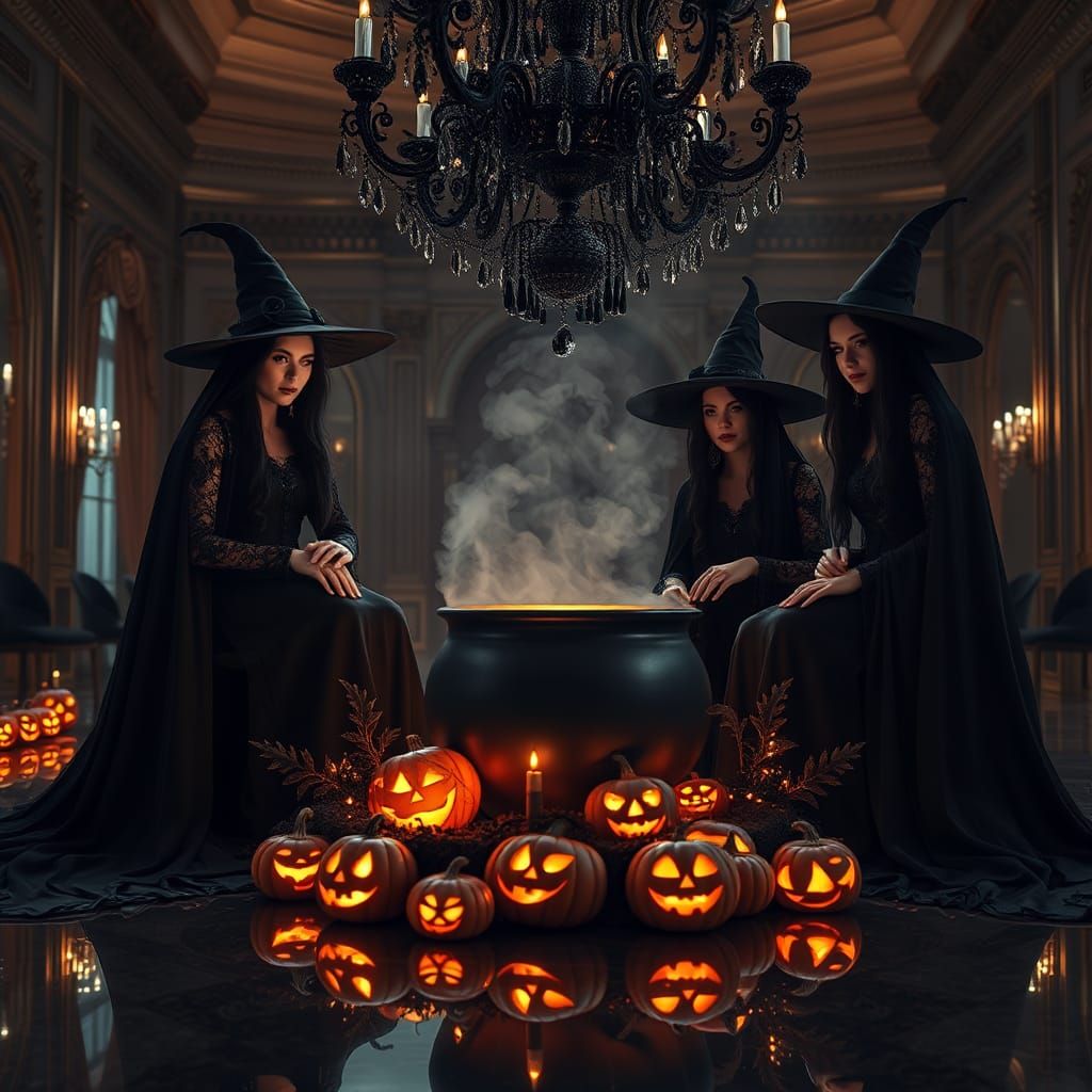 Elegant Witches Gather in Ballroom, Cinematic HDR