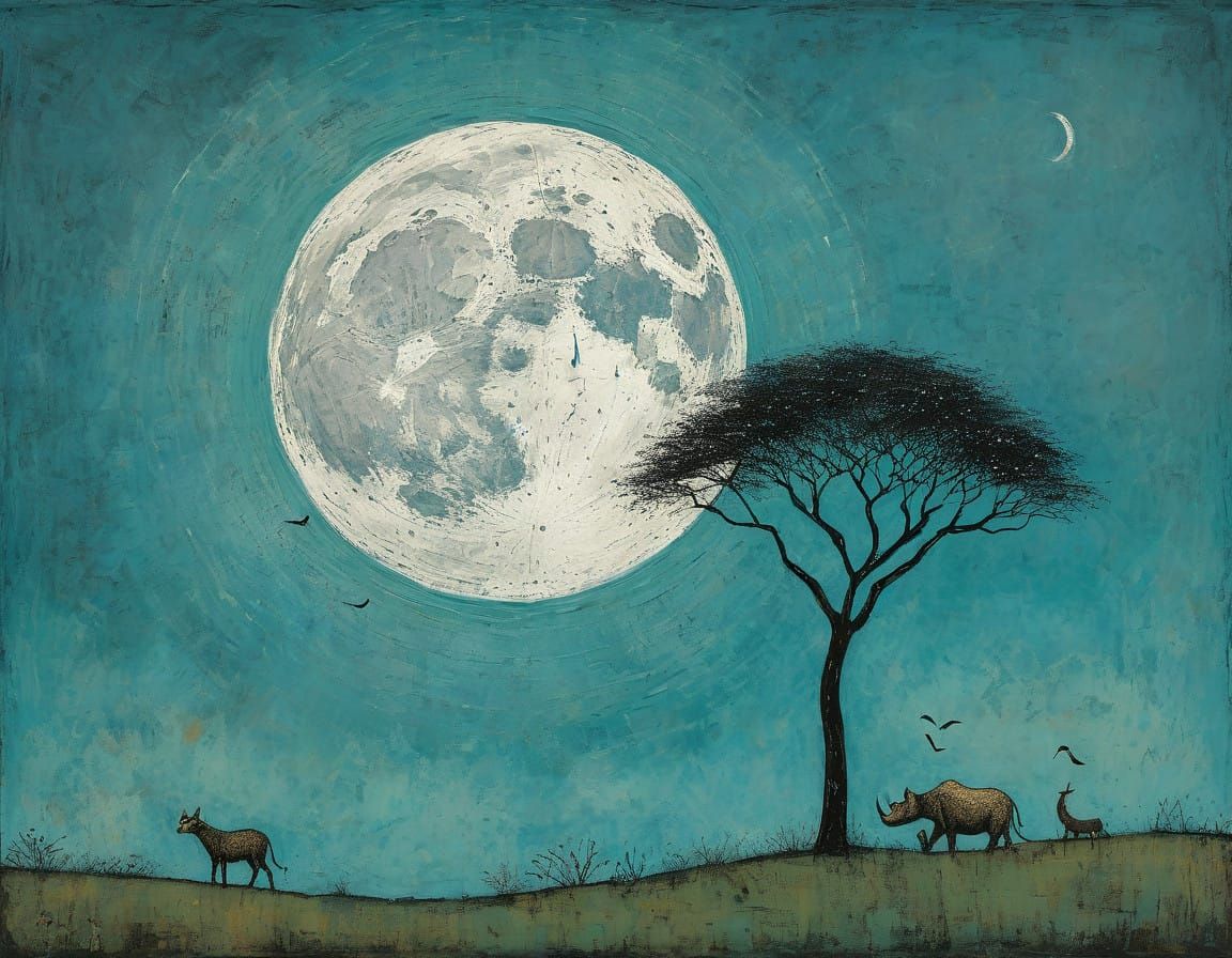 Whimsical Moonlit Serengeti Landscape in Encaustic Style