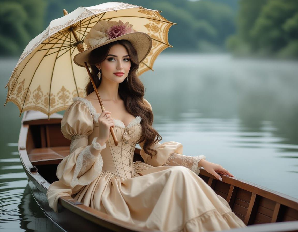 Elegant Woman in Boat, Art Nouveau Style
