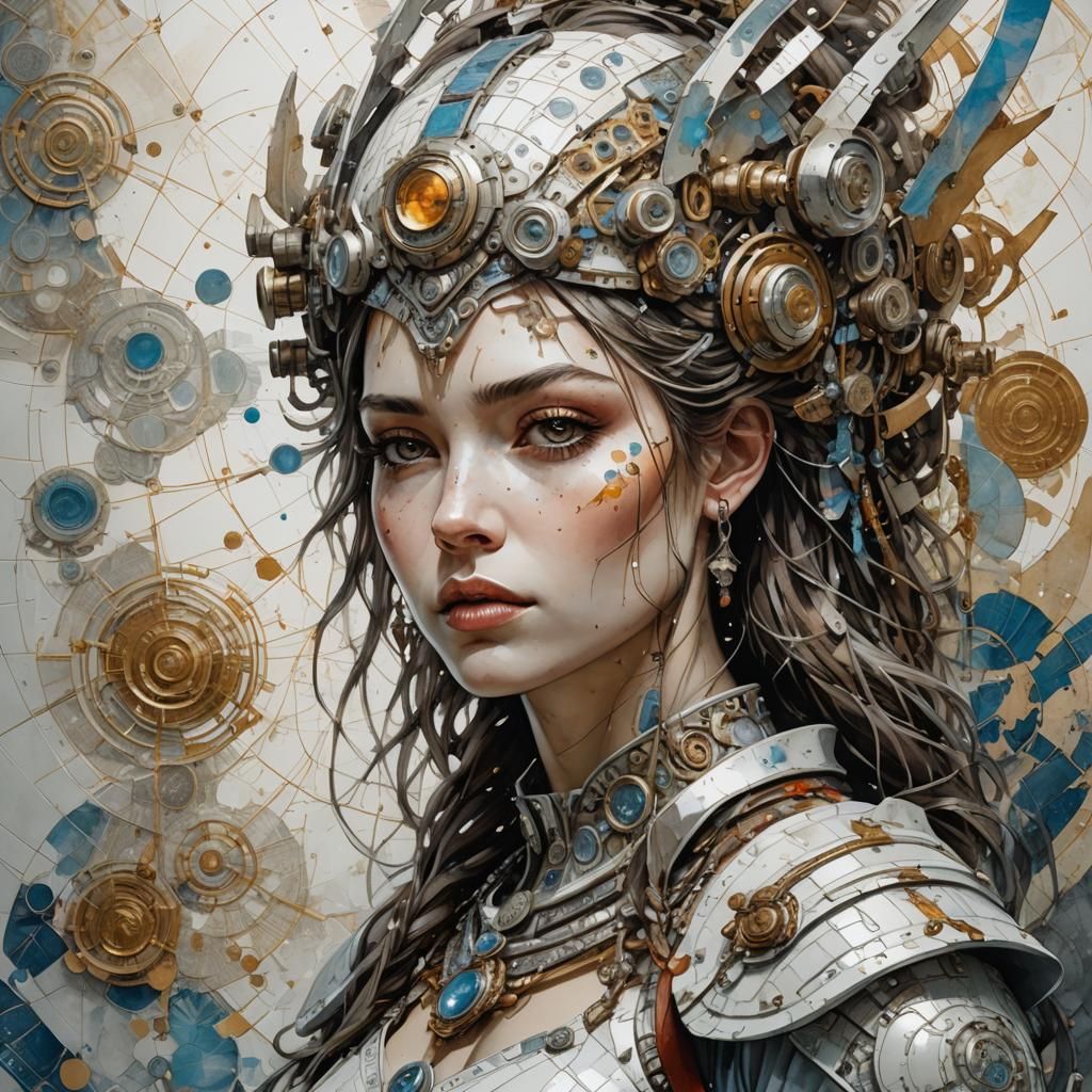 Woman Warrior in Porcelain and Chrome, Gouache Style