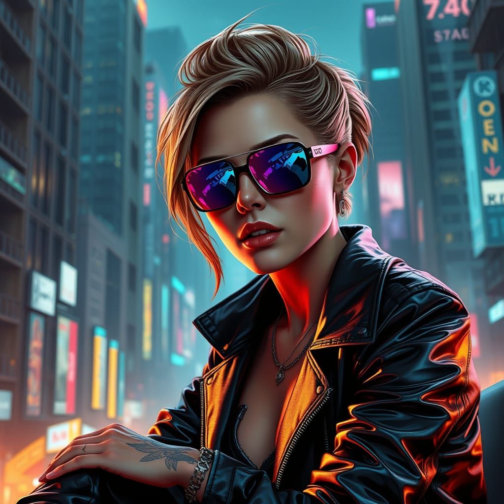 Cyberpunk Hacker Goddess in Neon Cityscape