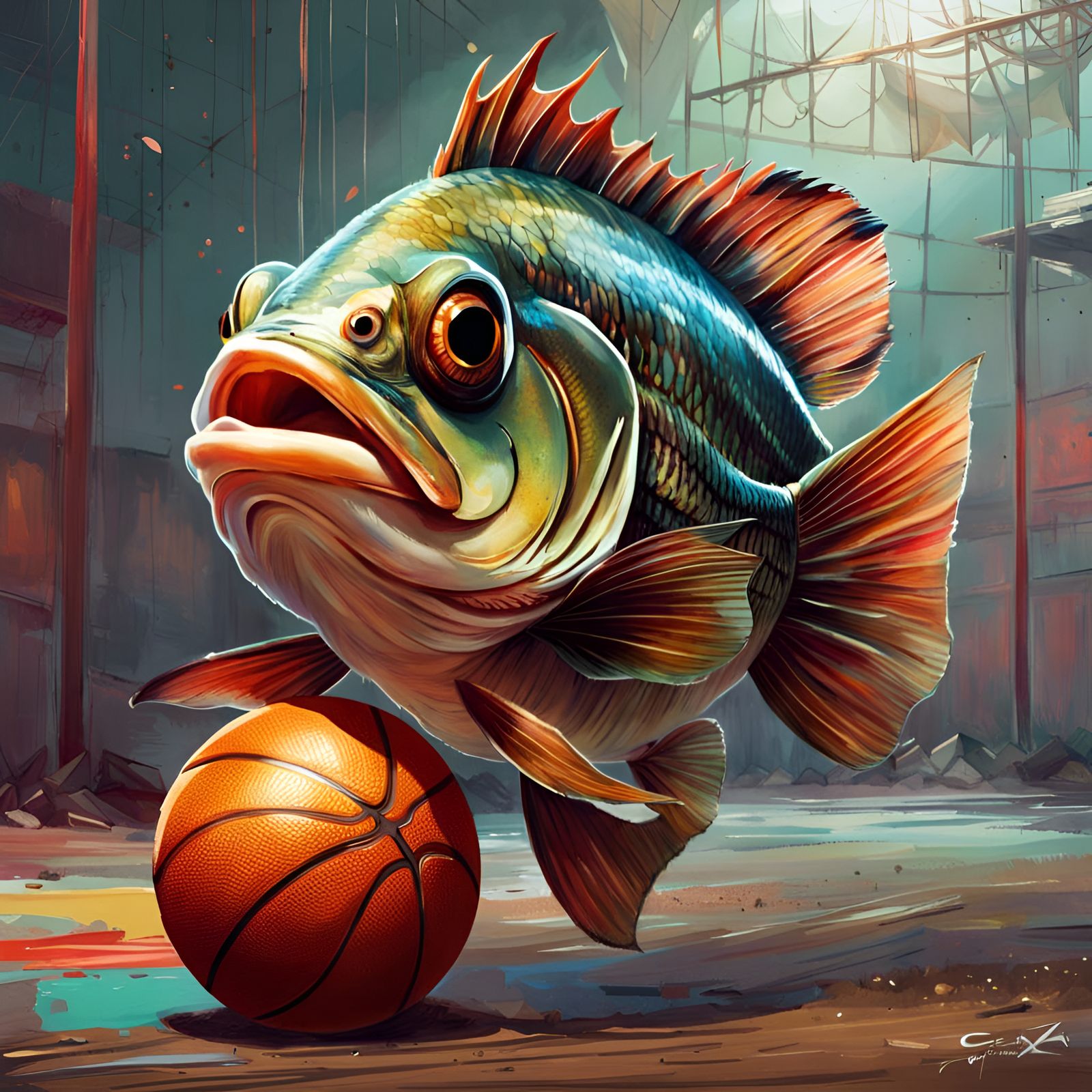 Big-Eyed Bass Fish Plays Basketball