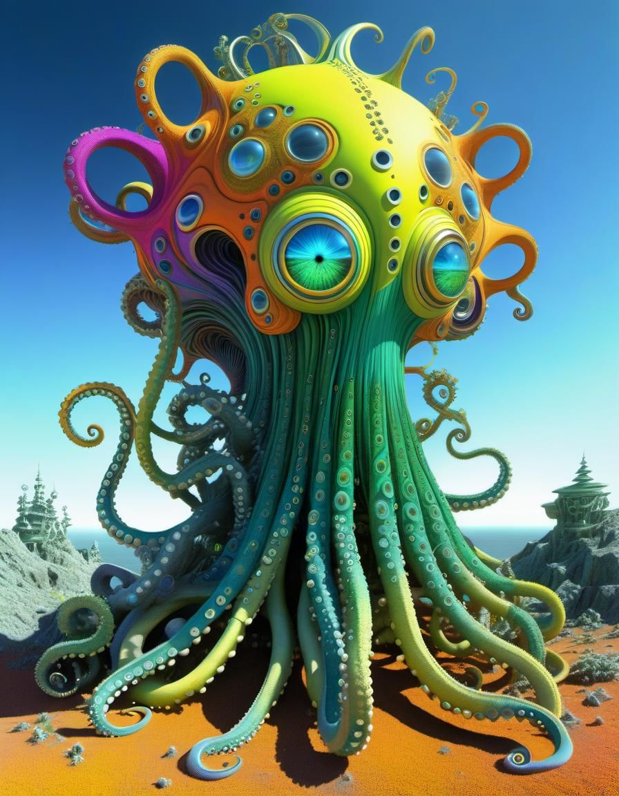 Dystopian Cephalopod Alchemist in Fractal Landscape
