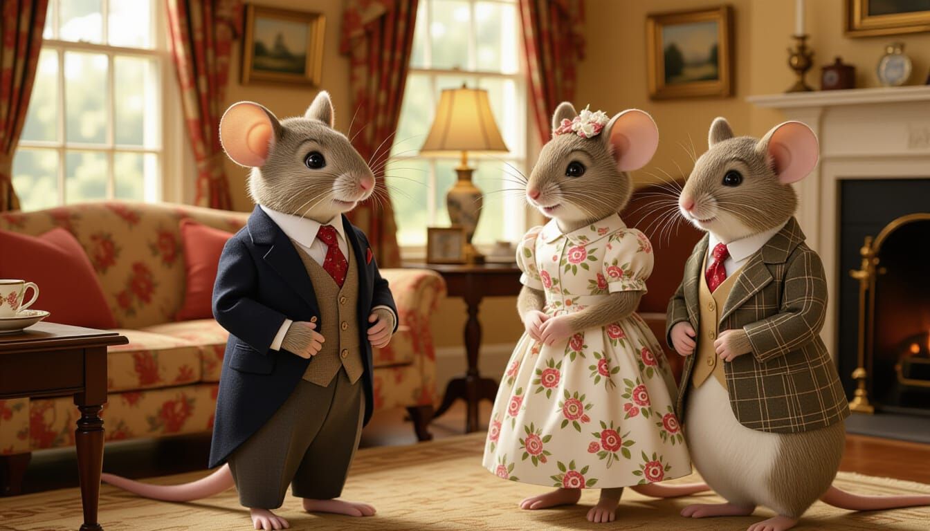 Mouse Family Meeting Illustration in Rockwell Style