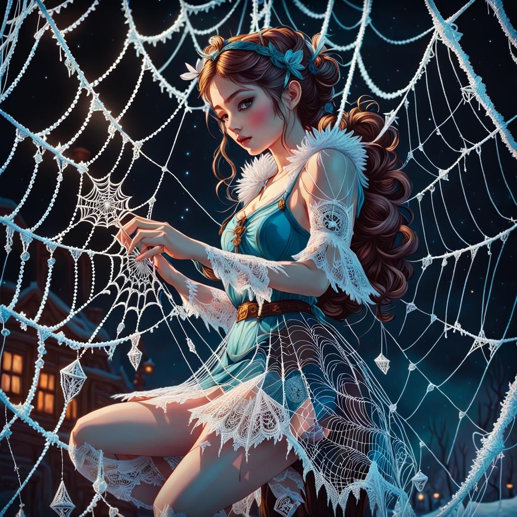 Fairy Repairs Icy Spiderweb in Maximalist Style