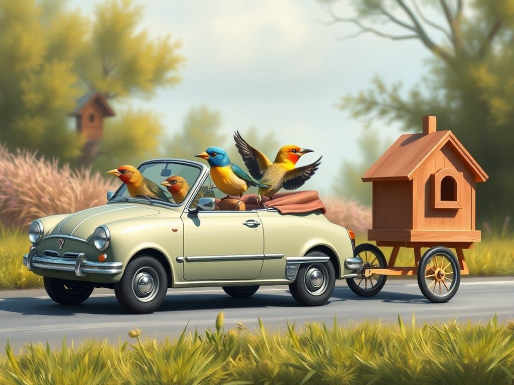Birds on a Road Trip Towing Birdhouse