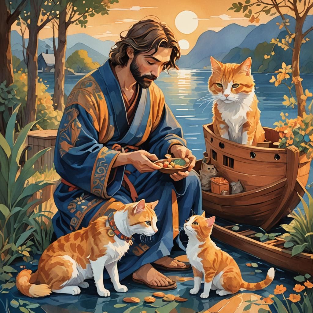 Noah Feeds Animals and Ship: Gouache Illustration