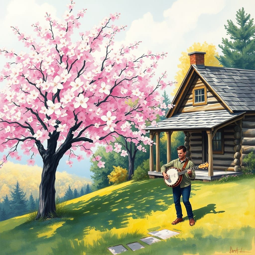 Impressionist Masterpiece of a Banjo Player Among Cherry Blo...
