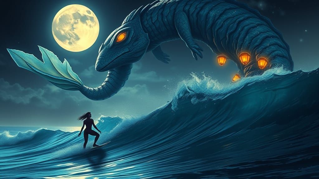 Glowing Aquatic Creature Under Moonlit Ocean