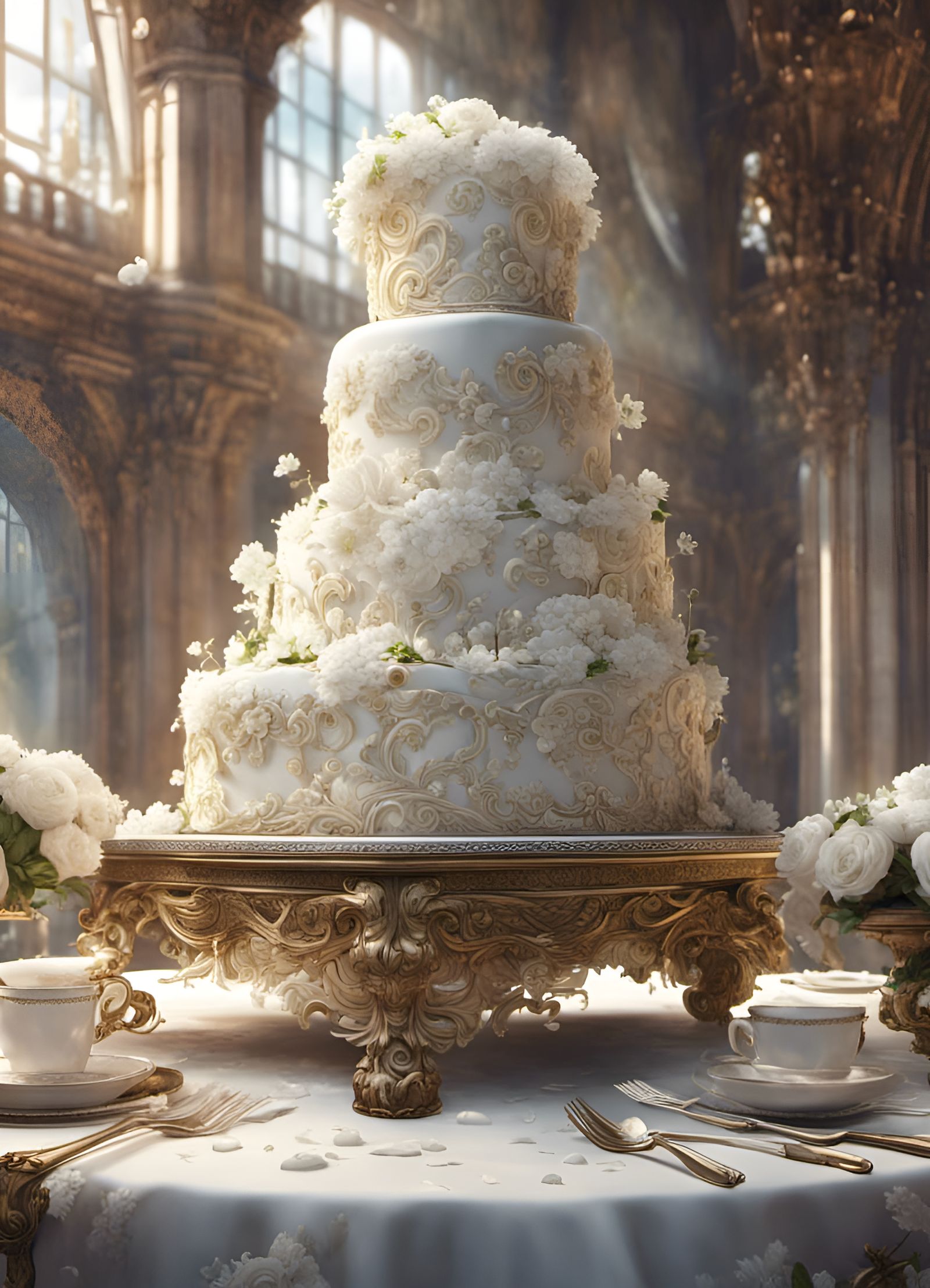 Ornate Wedding Cake with White Flowers, Rococo Style