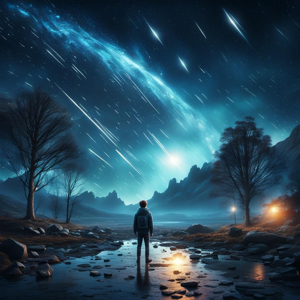 Boy Watching a Stunning Meteor Shower