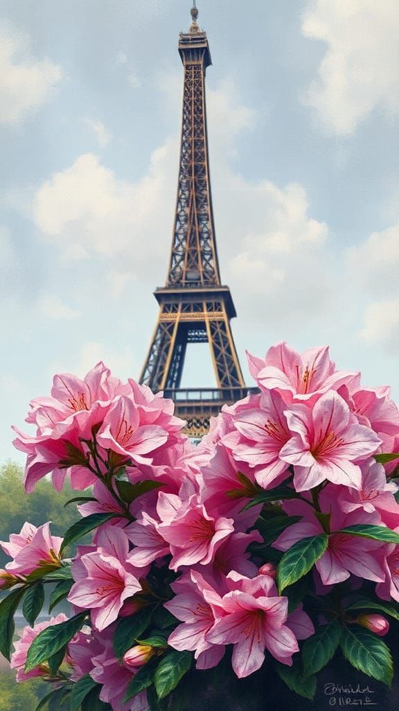 Azaleas and Eiffel Tower: Hyperdetailed Oil Painting
