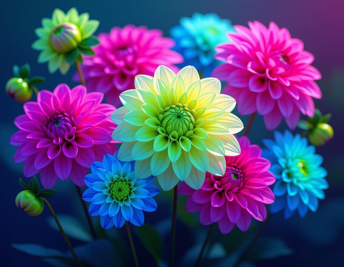 Exotic Dahlias in Neon Hues, Digital Art