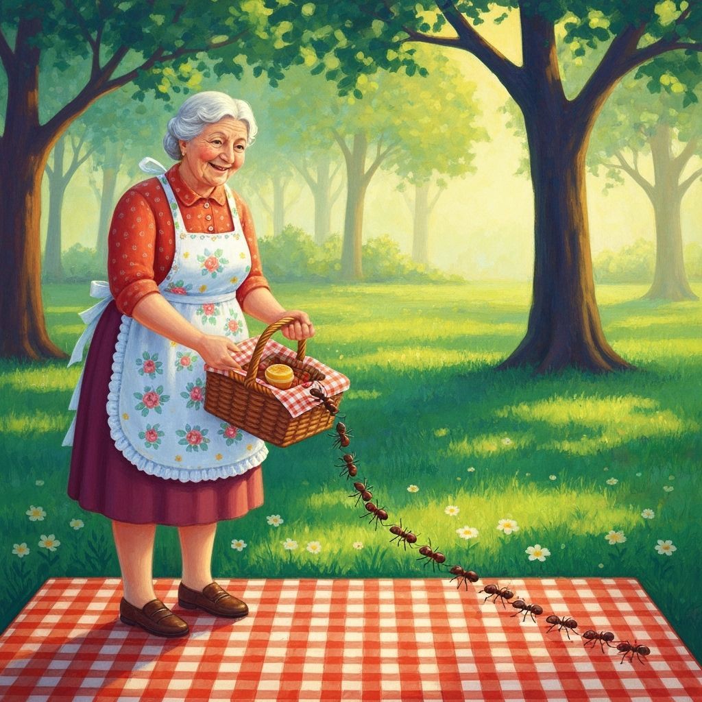 Elderly Woman with Ants at Picnic in Folk Art Style