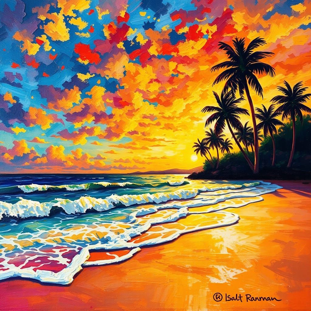 Expressionist Sunset Beach Scene in Impasto Style