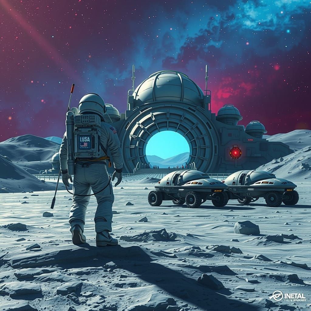 Heroic Astronaut Stands on Lunar Surface with Futuristic Bas...