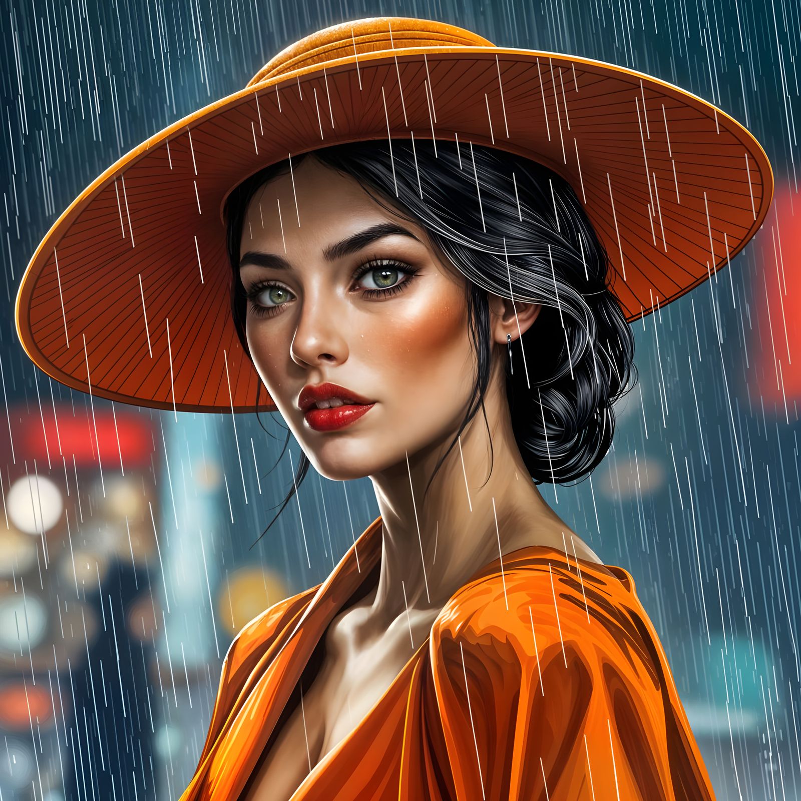 Elegant Wet Woman in Heavy Rain with Intricately Detailed Or...
