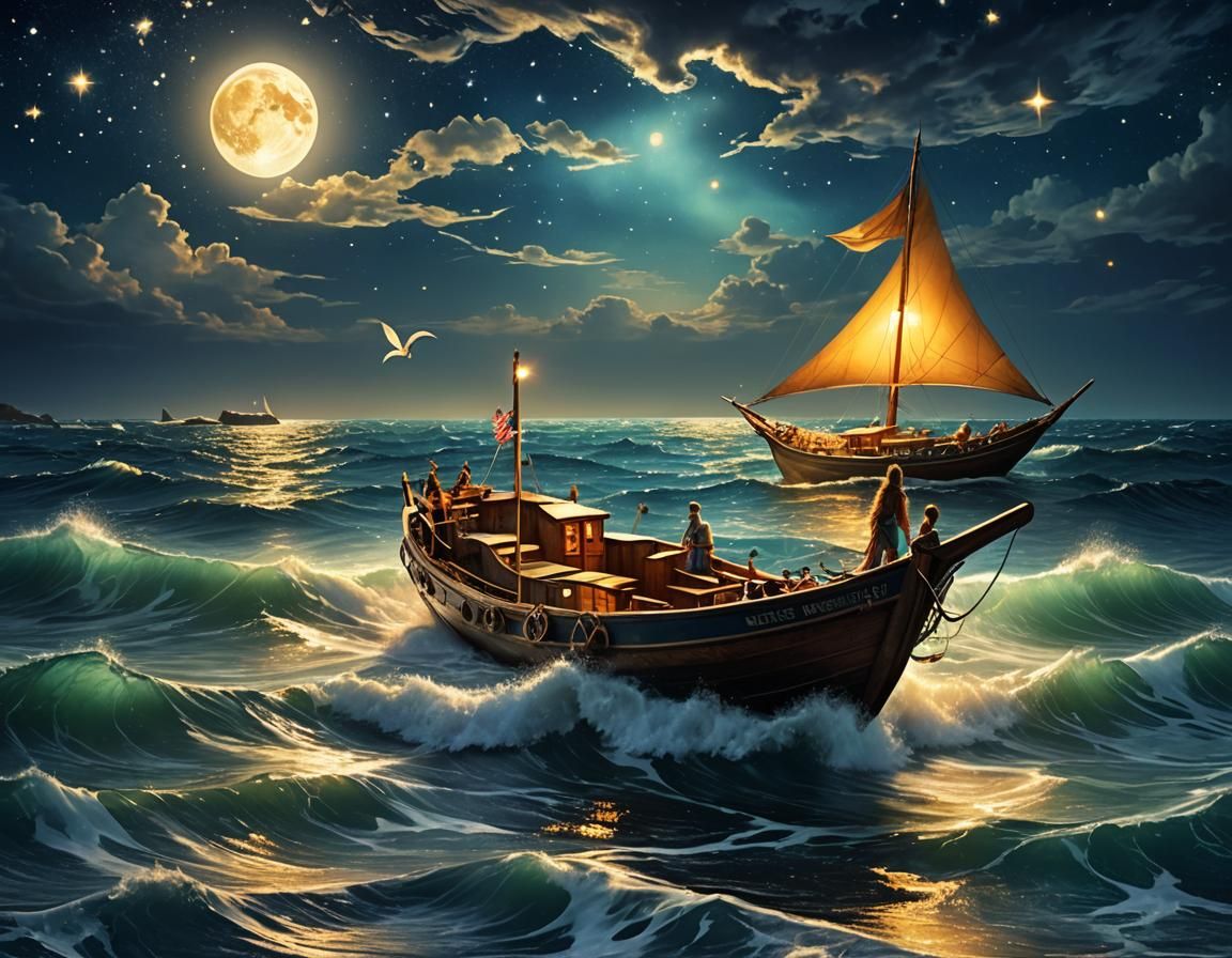 Moonlit Ocean Scene with Boat and Mermaids