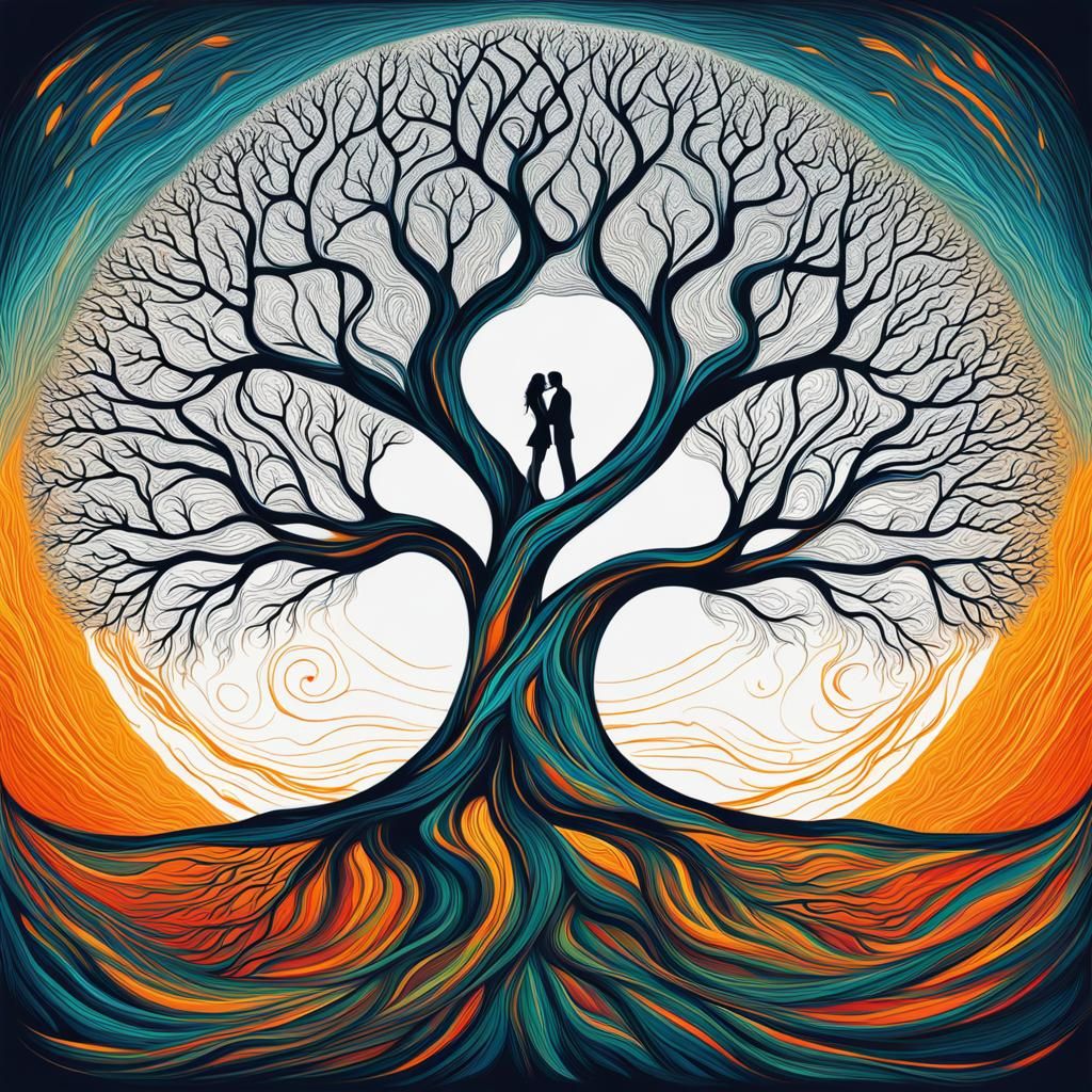 Abstract Tree Hugging Couple in Holographic Illustration