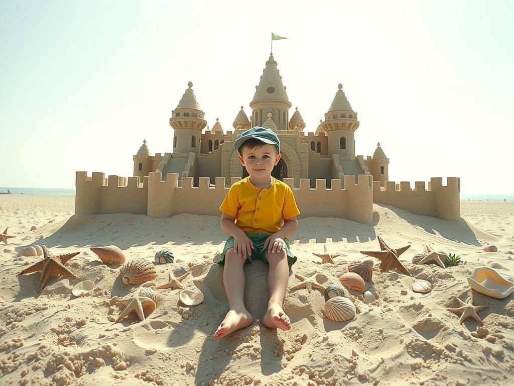 Boy Building Sandcastle on Sunny Beach, Vintage Style
