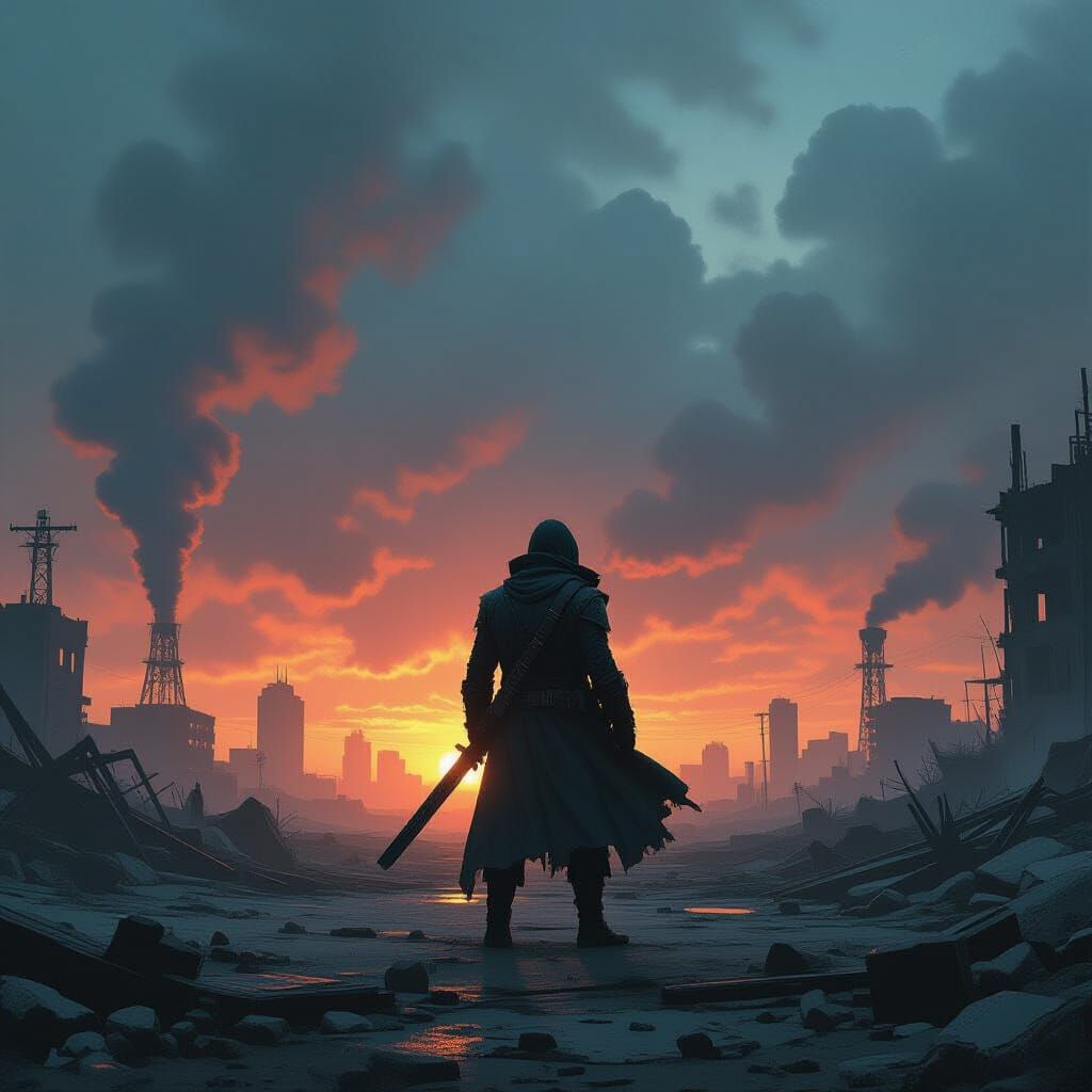 Heroic Figure in Post-Apocalyptic Ruins